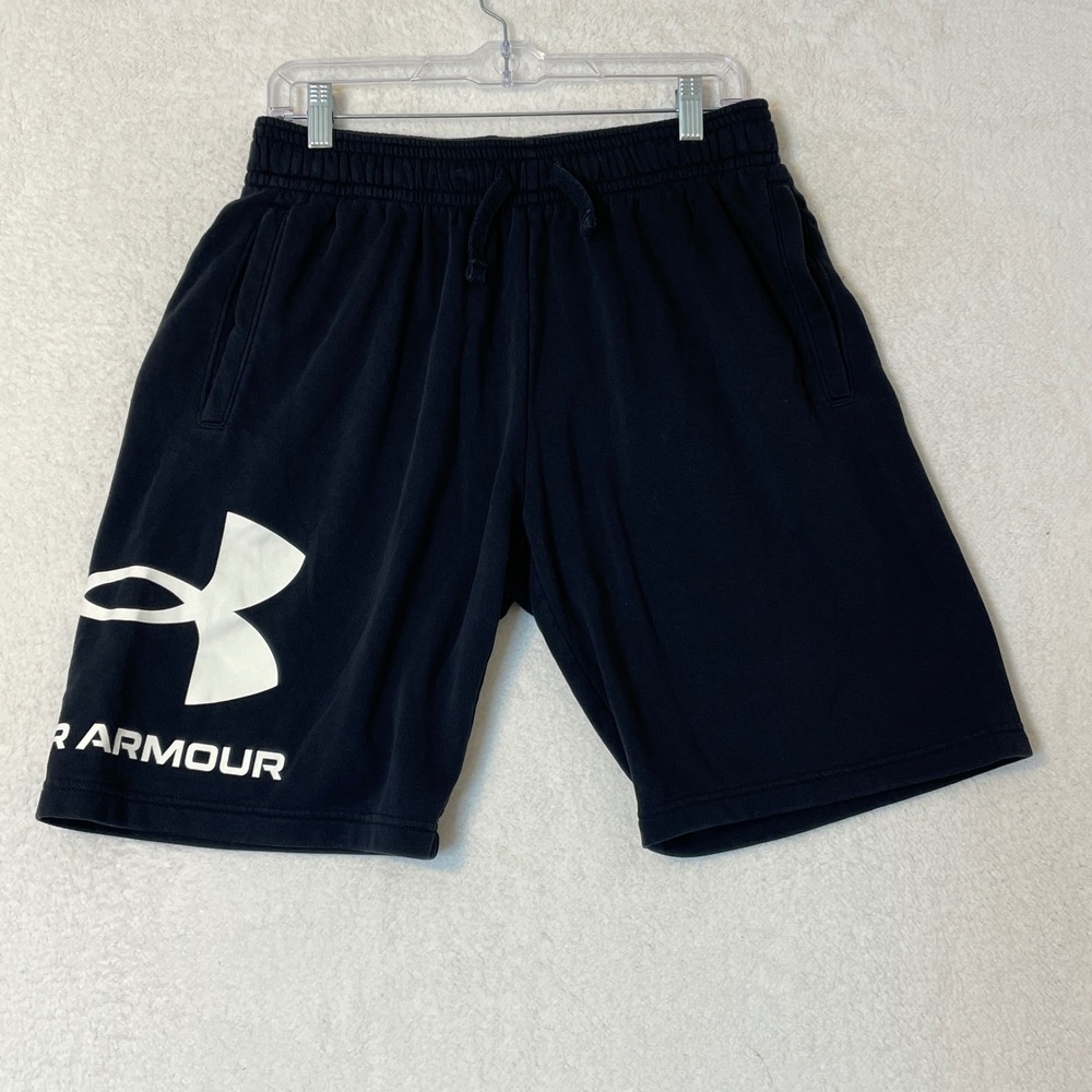 Under Armour Mens Rival Fleece Big Logo Shorts Black Loose Fit Large AF69